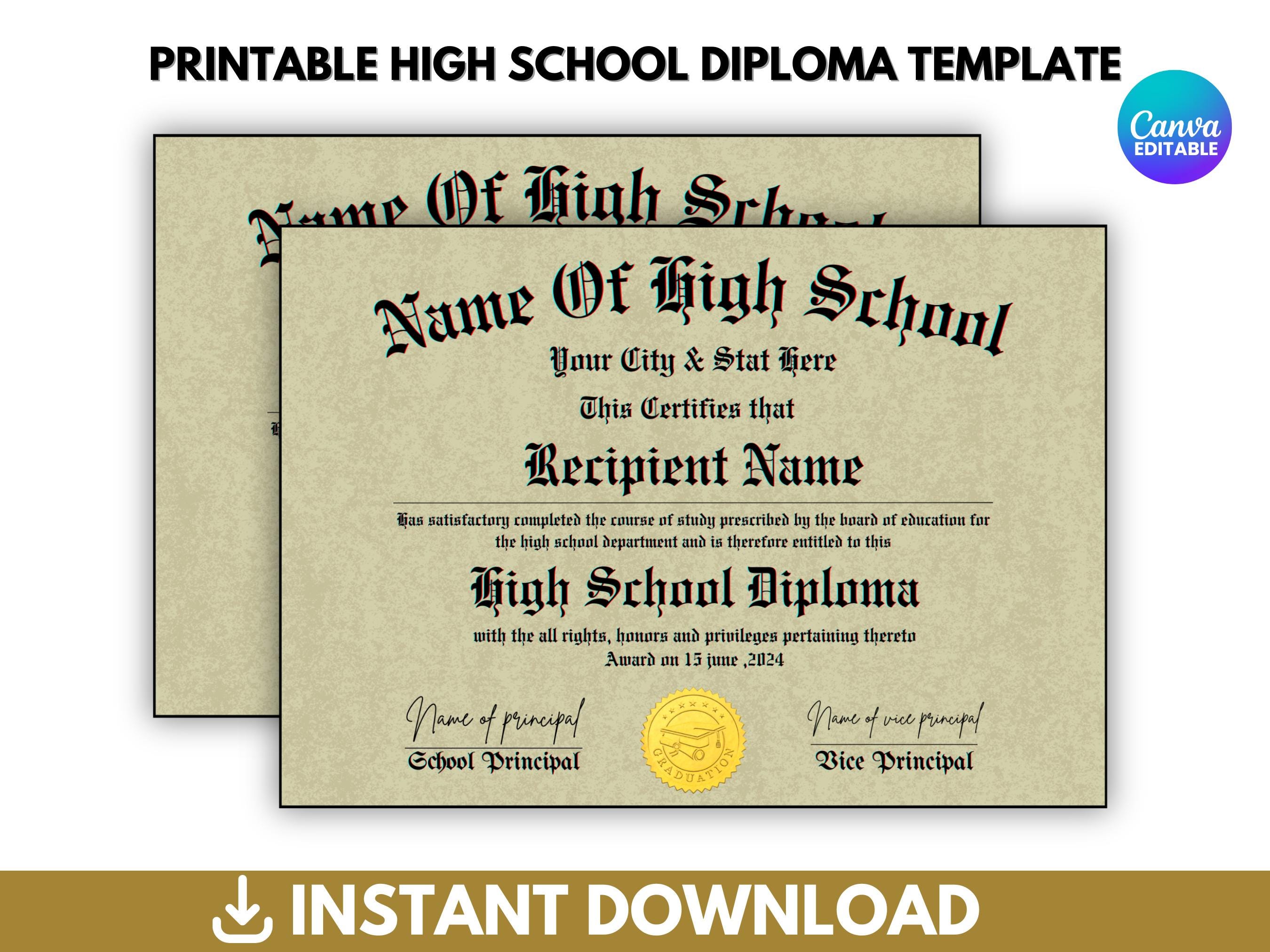 Editable High School Diploma Template Diploma Replica Template