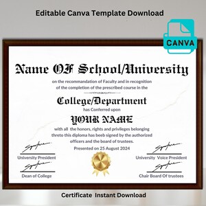 Editable University / High School Diploma Template, College Degree Template, Certificate With Seal, Canva Editable, Instant Download