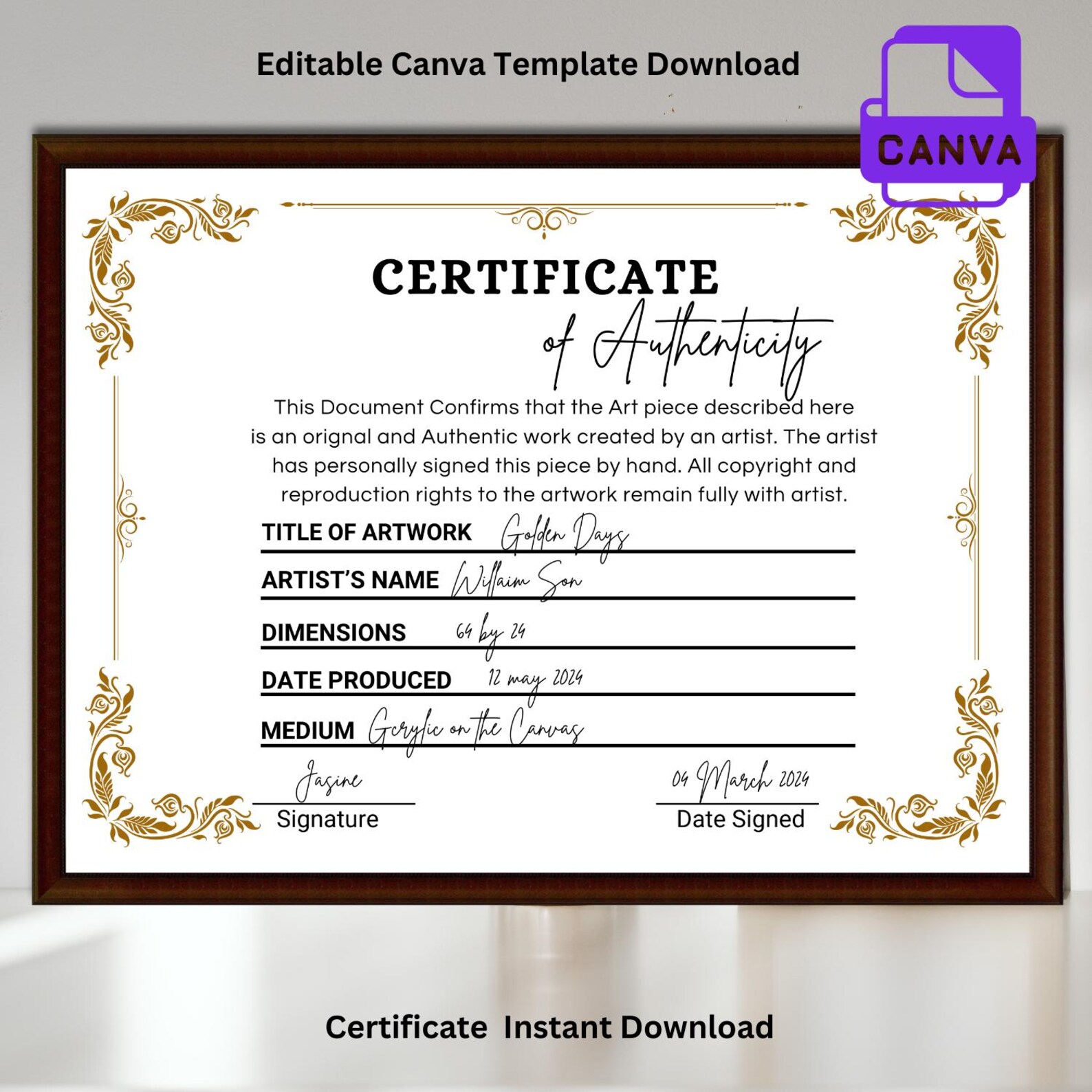 Editable Certificate of Authenticity for Art Work Template, Printable ...