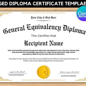 Druckbare GED-Diplomvorlage, Abiturdiplom, Schuläquivalenzdiplom, bearbeitbare Diplomnachbildungsvorlage, digitaler Download