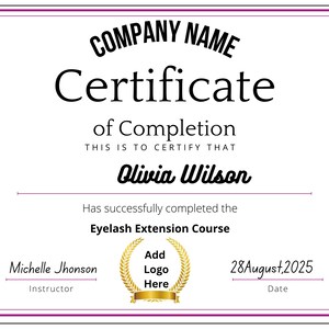 Minimalist Certificate of Completion, DIY Certificate of Completion, Printable Lash Artist Certificate, Editable Beauty Course Lashes Award