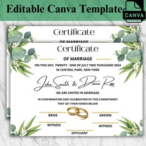 Bearbeitbare Hochzeitszertifikatsvorlage, Greenery-Hochzeitsurkunde, Heiratsurkunde, sofortiger Download, Andenken, Heiratsvorlage
