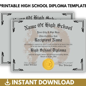 Printable High School Diploma Template, Homeschool Diploma Template, Diploma Replica Template, High School Diploma, Instant Download
