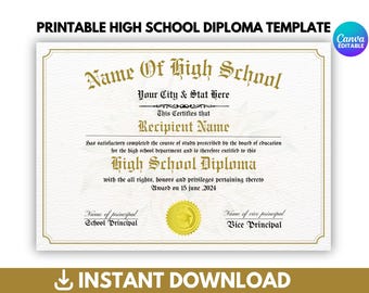 Editable High School Diploma Template, Homeschool Diploma Template, Diploma Replica Template, High School Diploma, Instant Download