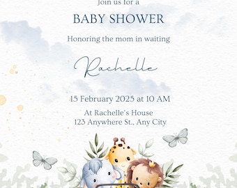 Może przedstawiać: Zaproszenie na baby shower z akwarelowym designem. Tekst brzmi "A bundle of joy is coming!" i zaprasza gości do świętowania Rachelle. Zawiera zielonego jeepa z postaciami zwierząt i motylami.