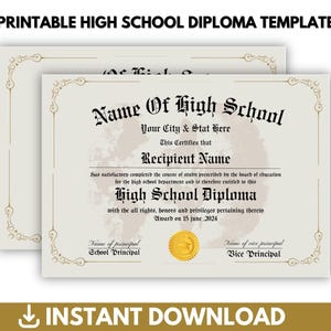 High School Diploma Template, High School Diploma With Gold Seal, Graduation Certificate Template, Editable Template, Instant Download