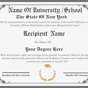 Modèle personnalisé de certificat de diplôme universitaire, diplôme d'études secondaires, modèle de réplique de diplôme, certificat de diplôme,