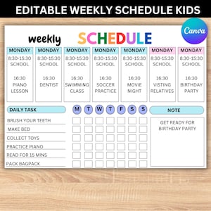 Editable Weekly Schedule Kids, Kids Weekly Planner,  Printable Template, Weekly Plan Chart, School Activity Simple Planner, Instant Download
