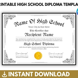 Plantilla de diploma de escuela secundaria imprimible, plantilla de diploma de educación en el hogar, diploma de regalo de graduación, diploma de escuela secundaria, descarga instantánea