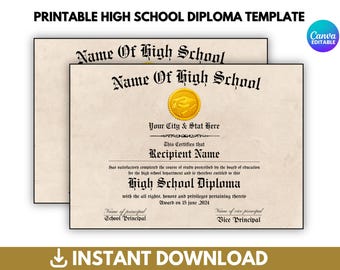 Printable High School Diploma Template, Homeschool Diploma Template, Diploma Replica Template, High School Diploma, Instant Download