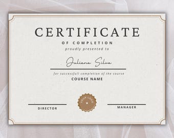 Editable Certificate Of Completion, Printable Course Certificate Of Completion, Canva Editable, Instant Download, Certificate Template