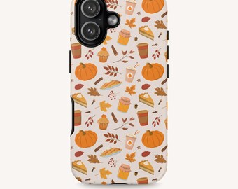 Fall Phone Case, Pumpkin Spice Latte, Autumn Leaves Pattern, Thanksgiving iPhone & Samsung Case