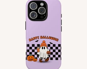 May include: A light purple phone case featuring a graphic of a ghost wearing an orange beanie, holding a drink and a pumpkin. The design includes the text HAPPY HALLOWEEN, a black and white checkered pattern, two additional pumpkins, and bats.