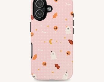 Funda para teléfono de Halloween, carcasa para iPhone con diseño de calabaza fantasma rosa