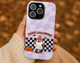 Cute Halloween Ghost Phone Case | Lilac Checkered Design