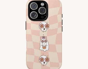 Ghost Phone Case, Spooky Season, Checkerboard Pattern
