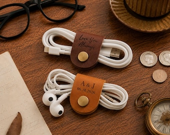 Personalized Leather Cord Organizer, Custom Name Cable Organiser, Headphone Holder, Cord Keeper, Earbud Wrap