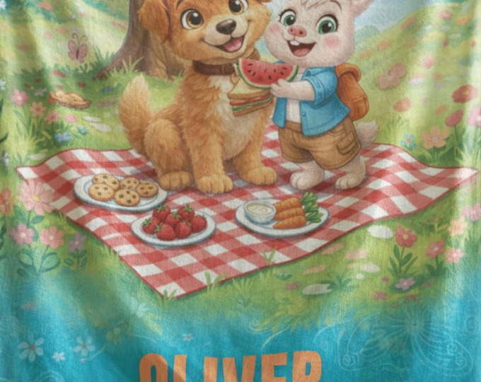 Personalized Kids Blanket – Puppy & Bunny Picnic Velveteen Throw