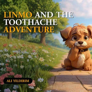 May include: An illustrated book cover for "LINMO AND THE TOOTHACHE ADVENTURE" by Ali Yildirim. A sad-looking cartoon dog sits on a brick path, surrounded by flowers and trees. The dog is light brown with big eyes and a black collar.