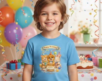 かわいい動物の赤ちゃん誕生日シャツ｜幼児用パーティーTシャツ｜子猫、子犬、うさぎのケーキデザイン