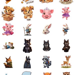 May include: A collection of colorful cartoon animal stickers, including puppies, pigs, rabbits, wolves, a fox, a raccoon, a deer, a whale, a dolphin, a red panda, and an owl. Some stickers have text like "LET'S PLAY!", "YUM!", "BEST FRIEND", "BAMBOO BUDDY", and "WHO'S CURIOUS?"
