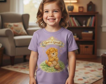 神は良い子です ベビーTシャツ、かわいいお祈りする子犬のベビーシャツ、クリスチャンベビーTシャツ