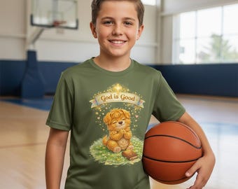 神は良いクマの子供用Tシャツ｜かわいいテディベアのイラスト、信仰の子供用シャツ