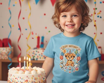 誕生日コーギー子犬の幼児用Tシャツ｜かわいい風船、カップケーキ、パーティーハット