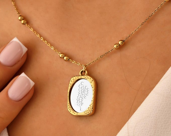 Stainless Steel Birthflower Necklace | Pattern Inside | Personalize It for You