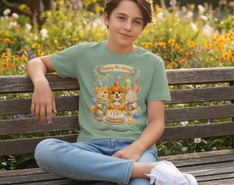 ハッピーバースデー カートゥーンアニマル キッズ ユース Tシャツ | 子犬 子猫 うさぎ ケーキ シャツ