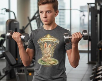イエスは光であるウサギのTシャツ｜子供用Tシャツ、宗教的なイースターデザイン