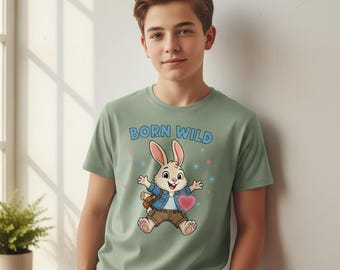 ボーン・ワイルド・バニー ユースTシャツ | かわいいウサギのイラスト、ハート、遊び心のあるキッズシャツ