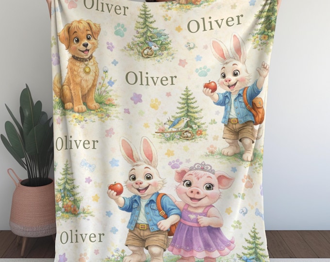 Personalized Kids Sherpa Blanket 50x60 | Linmo and Friends Character Pattern with Custom Name