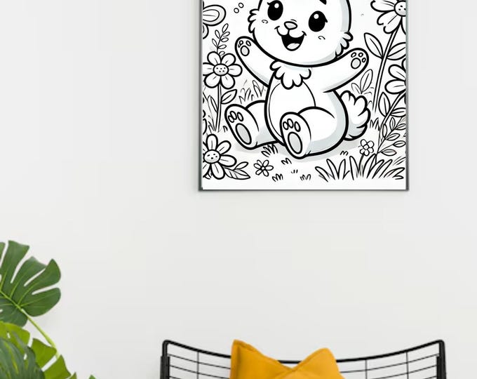 Bunny Coloring Page: Joyful Cartoon Rabbit in Meadow (Digital Download)