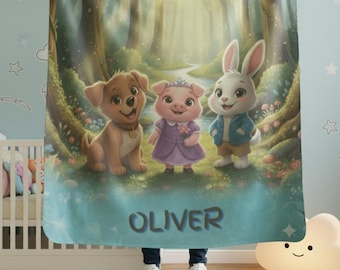 Woodland Friends Puppy Pig Bunny | Personalized Velveteen Plush Blanket | Linmo and Friends