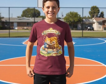 Maglietta con orsetto "Gesù mi ama" per bambini / Maglietta cristiana per bambini, con simpatica illustrazione per la cameretta.