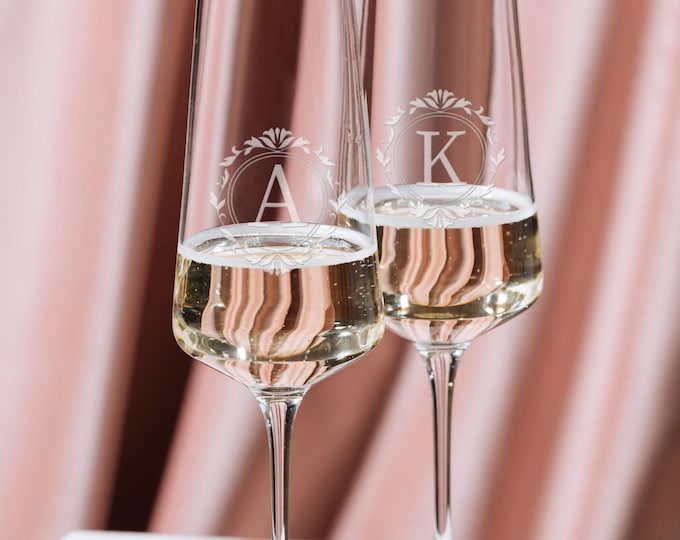 Laser Engraved Crystal Champagne Flutes | 10 oz, Wedding Glasses