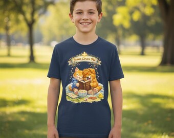 Jesus Loves Me Kids T-Shirt | Cute Cat and Lion Reading Illustration