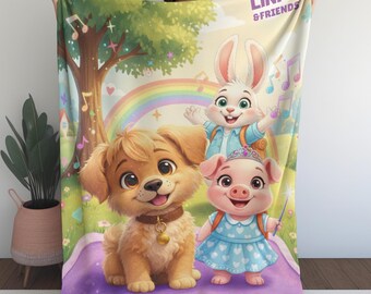 Personalized Woodland Friends Plush Blanket – Cozy Kids Name Blanket with Puppy, Bunny & Piglet