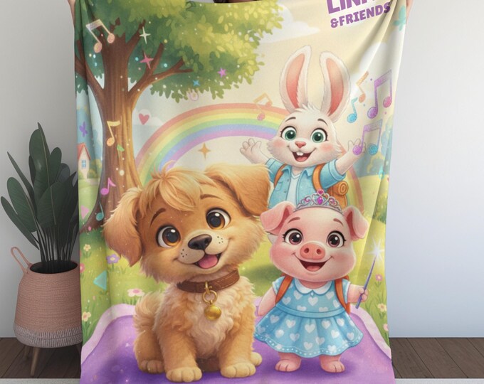 Personalized Woodland Friends Plush Blanket – Cozy Kids Name Blanket with Puppy, Bunny & Piglet