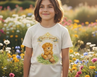 神は良いお祈りをするかわいい子犬のTシャツ | 子供用クリスチャンシャツ