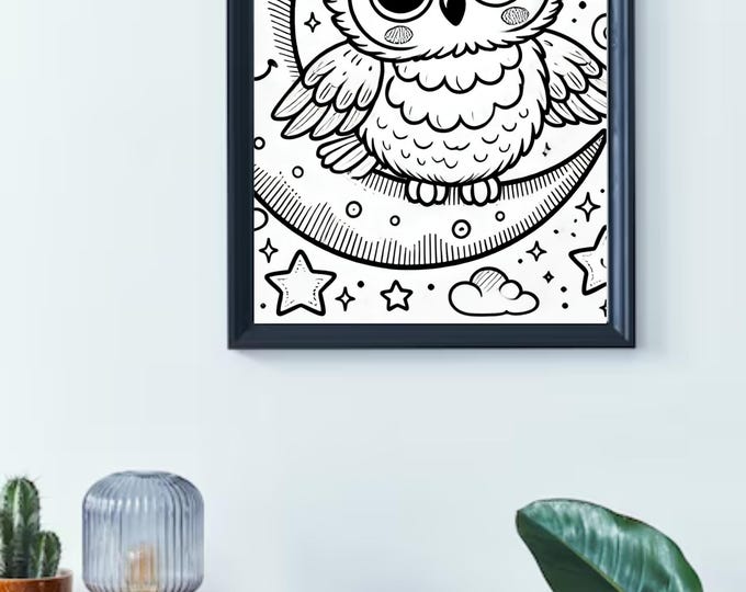 Cartoon Owl on Moon Print: Twinkling Stars Nursery Art (Digital Download)