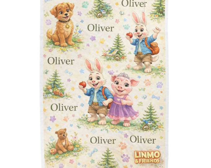 Personalized Kids Sherpa Blanket 60x80 | Linmo & Friends Storybook Characters with Custom Name