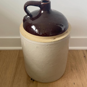 5 Gallon Crock Antique Glazed Jug Two Tone Jug Stoneware Vintage Jug Stoneware European Primitive Jug Brown Handle Kitchen Decor Primitive
