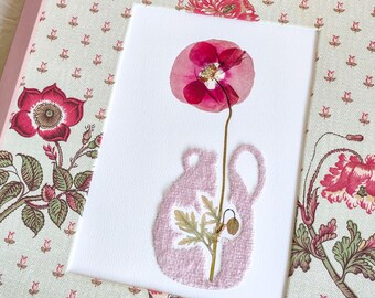 Original Poppy Pressed Flower Art with Vintage Laura Ashley Fabric