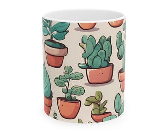 Cartoon Plants Ceramic Mug, Cute Plant Lover Coffee Cup, Botanical Tea Mug, Succulent Kitchen Decor, Gardening Gift Idea