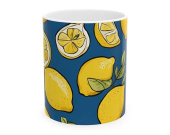 Keramikbecher, niedliche Cartoon-Zitronen mit blauem Hintergrund, Zitronen-Liebhaber-Geschenk, Küchendekoration, Teetasse, Kaffeetasse, Zitrusmotiv-Tasse, Obst
