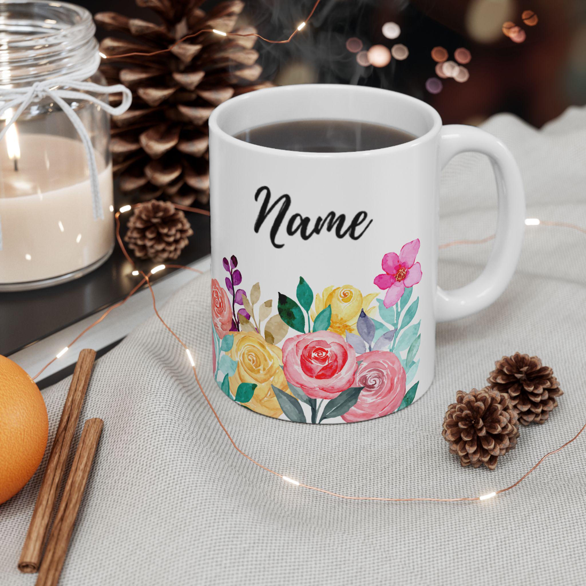 Personalized Floral Ceramic Mug, Custom Name Flower Coffee Cup