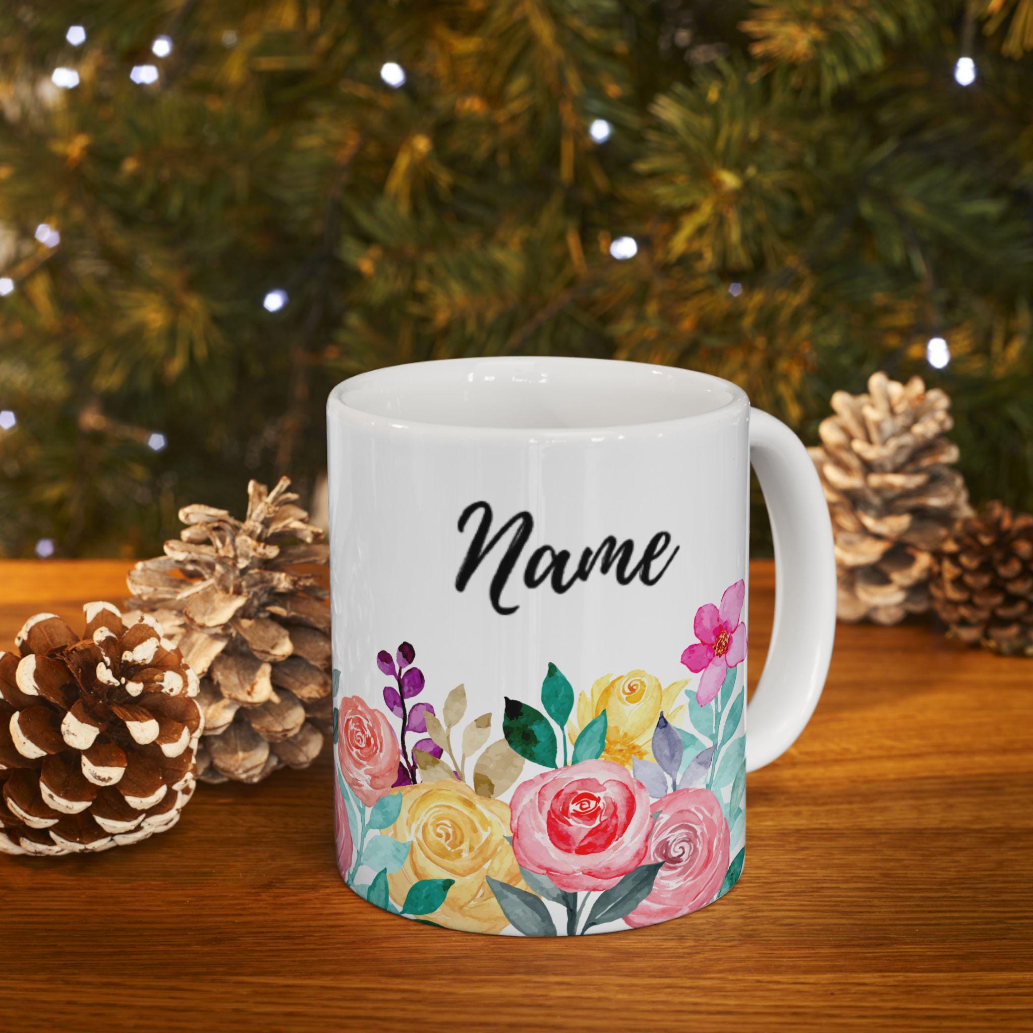 Personalized Floral Ceramic Mug, Custom Name Flower Coffee Cup