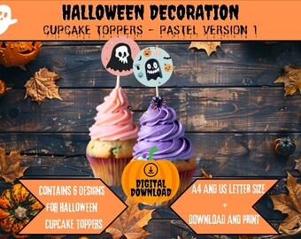 Décorations pastel pour cupcakes d'Halloween | Décoration de fête imprimable (téléchargement numérique)